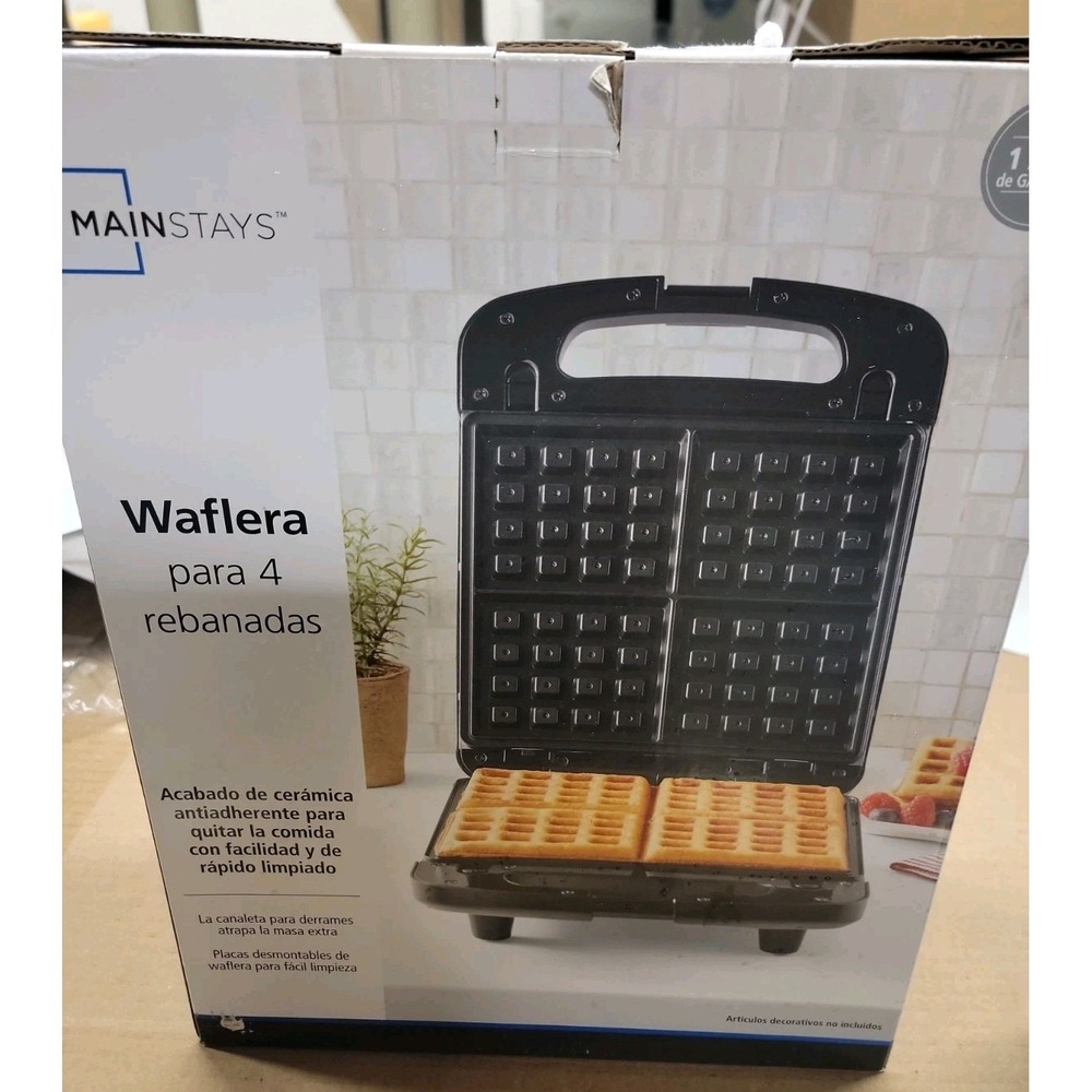 Mainstays 4 Slice Waffle Maker Removable Plates Black Nonstick 1200W New In Box!